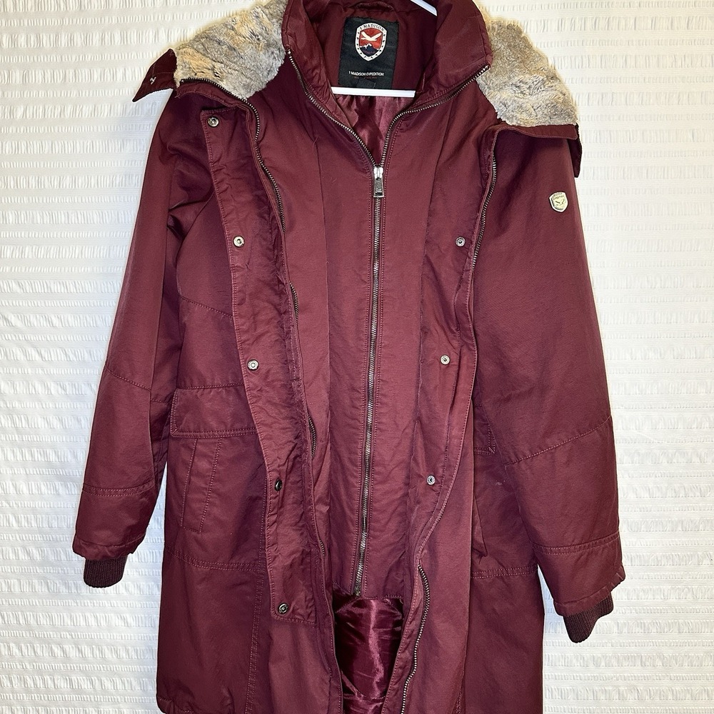 1 Madison Expedition Faux Fur Hooded Parka Coat Burgundy Women's Size L - Picture 8 of 15